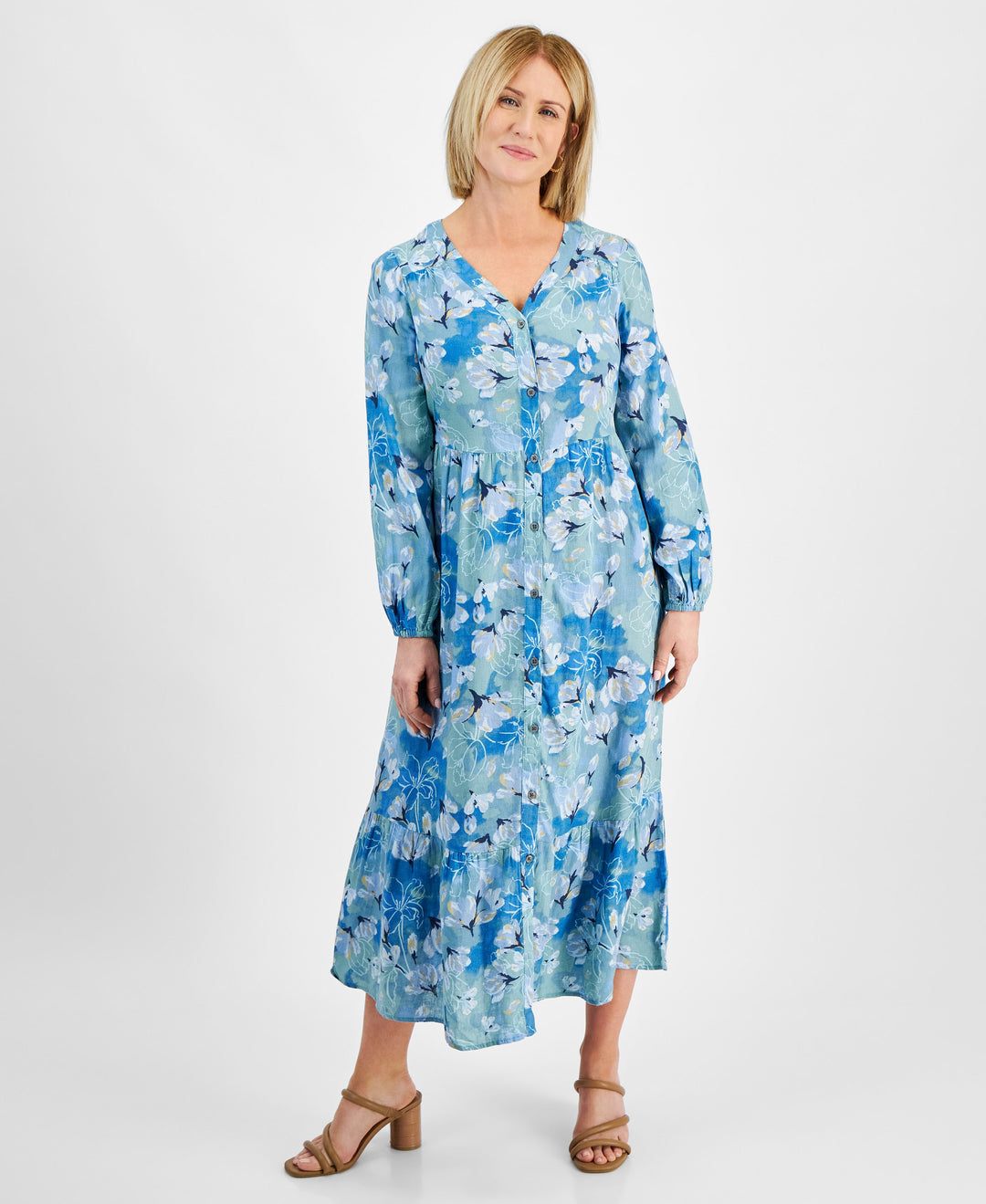 Women's Printed Linen Tiered Midi Dress, Regular & Petite