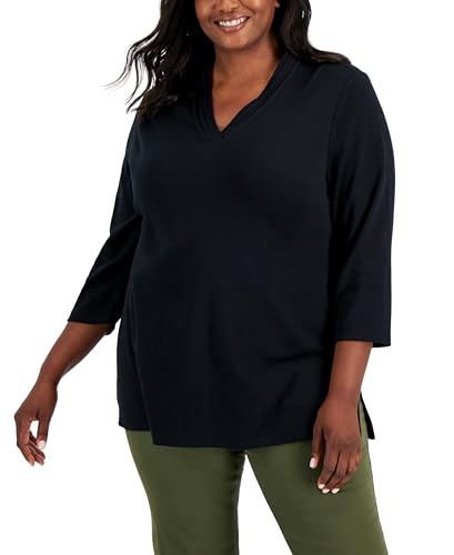 Karen Scott Plus Size Cotton Pleated Neck 3/4 Sleeve Tunic