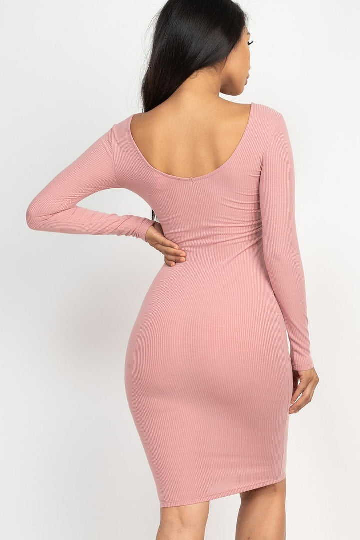Long Sleeve Scoop Neck Rib Knit Bodycon Midi Dress