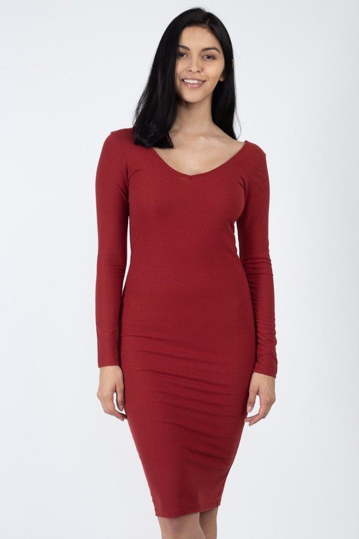 Long Sleeve Scoop Neck Rib Knit Bodycon Midi Dress