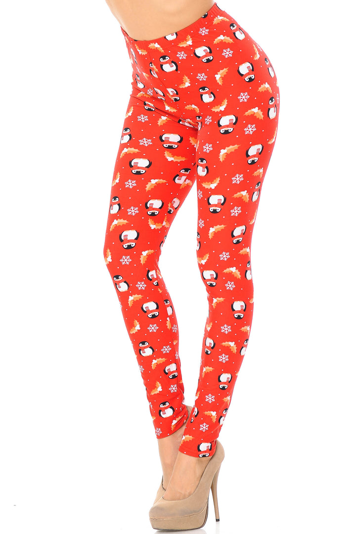 Buttery Soft Ruby Red Penguins Mistletoe and Snowflake Extra Plus Size Leggings - 3X-5X