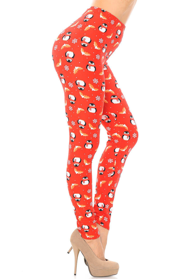 Buttery Soft Ruby Red Penguins Mistletoe and Snowflake Extra Plus Size Leggings - 3X-5X