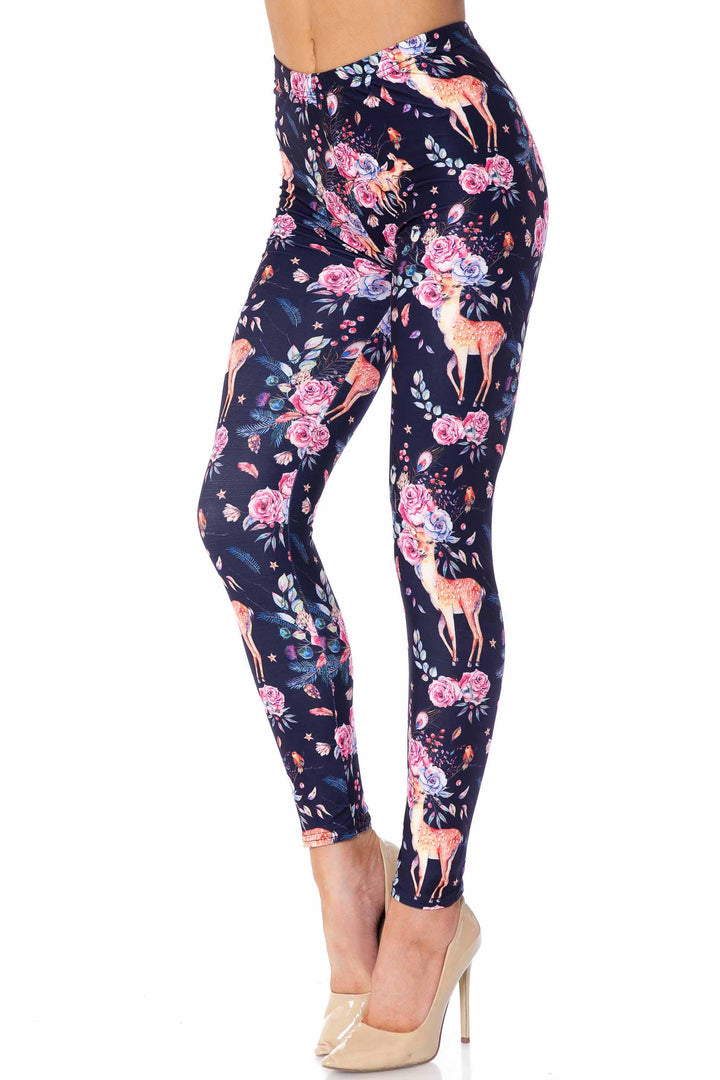 Creamy Soft Woodland Floral Fawn Extra Plus Size Leggings - 3X-5X - USA Fashion