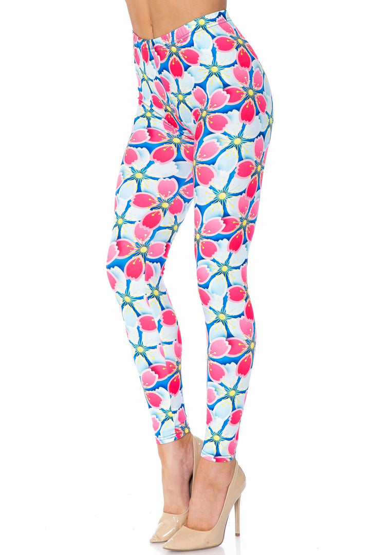 Creamy Soft Pink and Blue Sunshine Floral Extra Plus Size Leggings - 3X-5X - USA Fashion