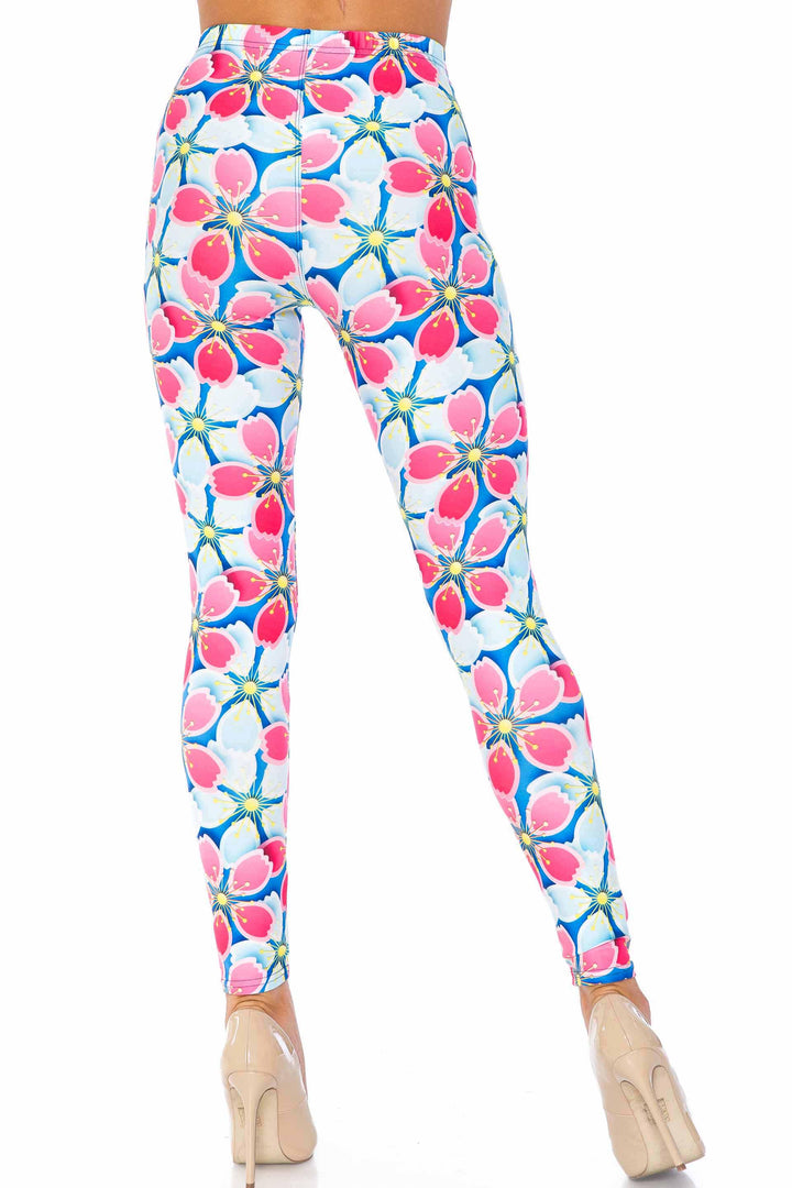 Creamy Soft Pink and Blue Sunshine Floral Extra Plus Size Leggings - 3X-5X - USA Fashion