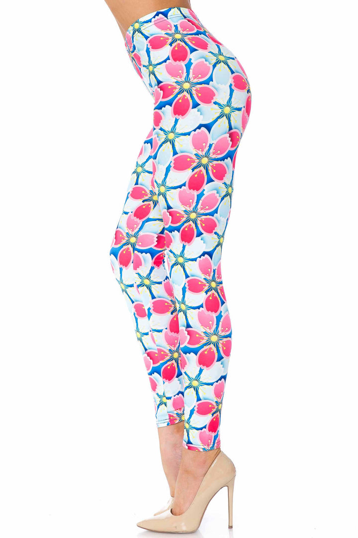 Creamy Soft Pink and Blue Sunshine Floral Extra Plus Size Leggings - 3X-5X - USA Fashion