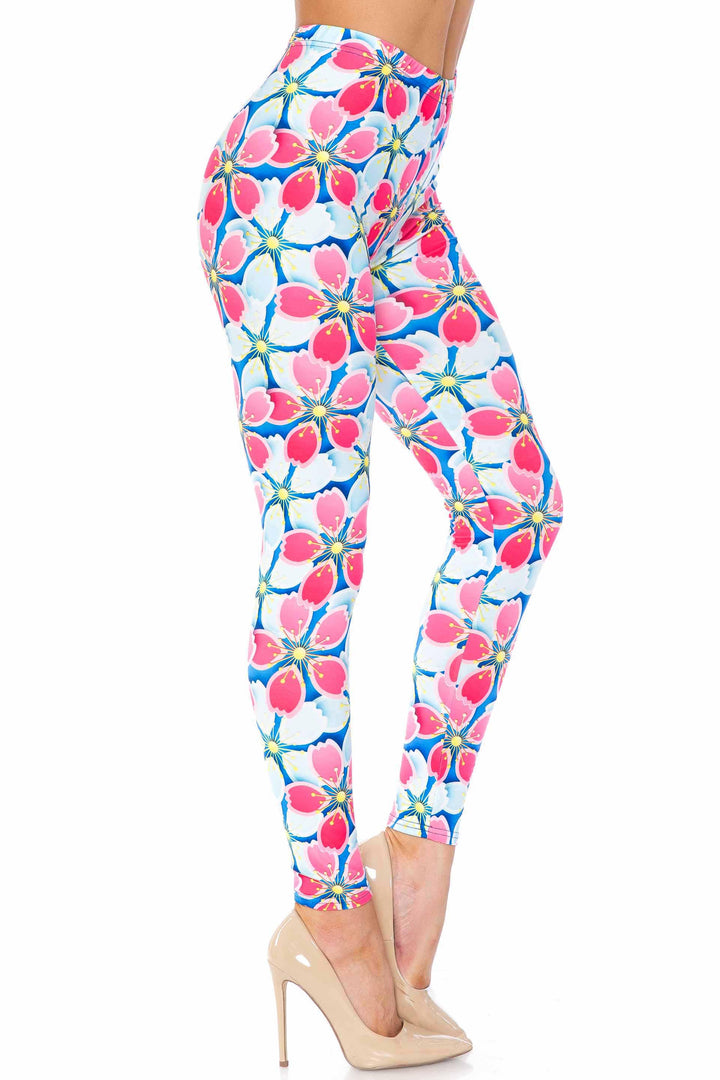 Creamy Soft Pink and Blue Sunshine Floral Extra Plus Size Leggings - 3X-5X - USA Fashion