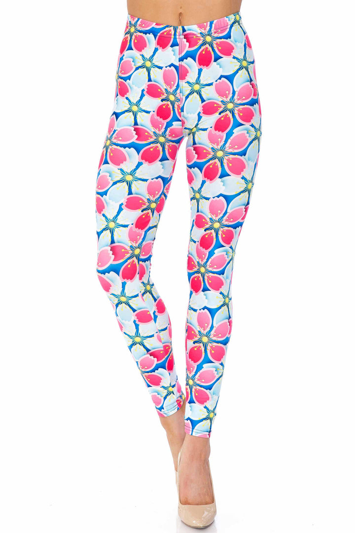 Creamy Soft Pink and Blue Sunshine Floral Extra Plus Size Leggings - 3X-5X - USA Fashion