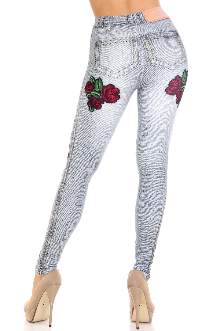 Creamy Soft Light Blue Denim Rose Extra Plus Size Leggings - 3X-5X - By USA Fashion