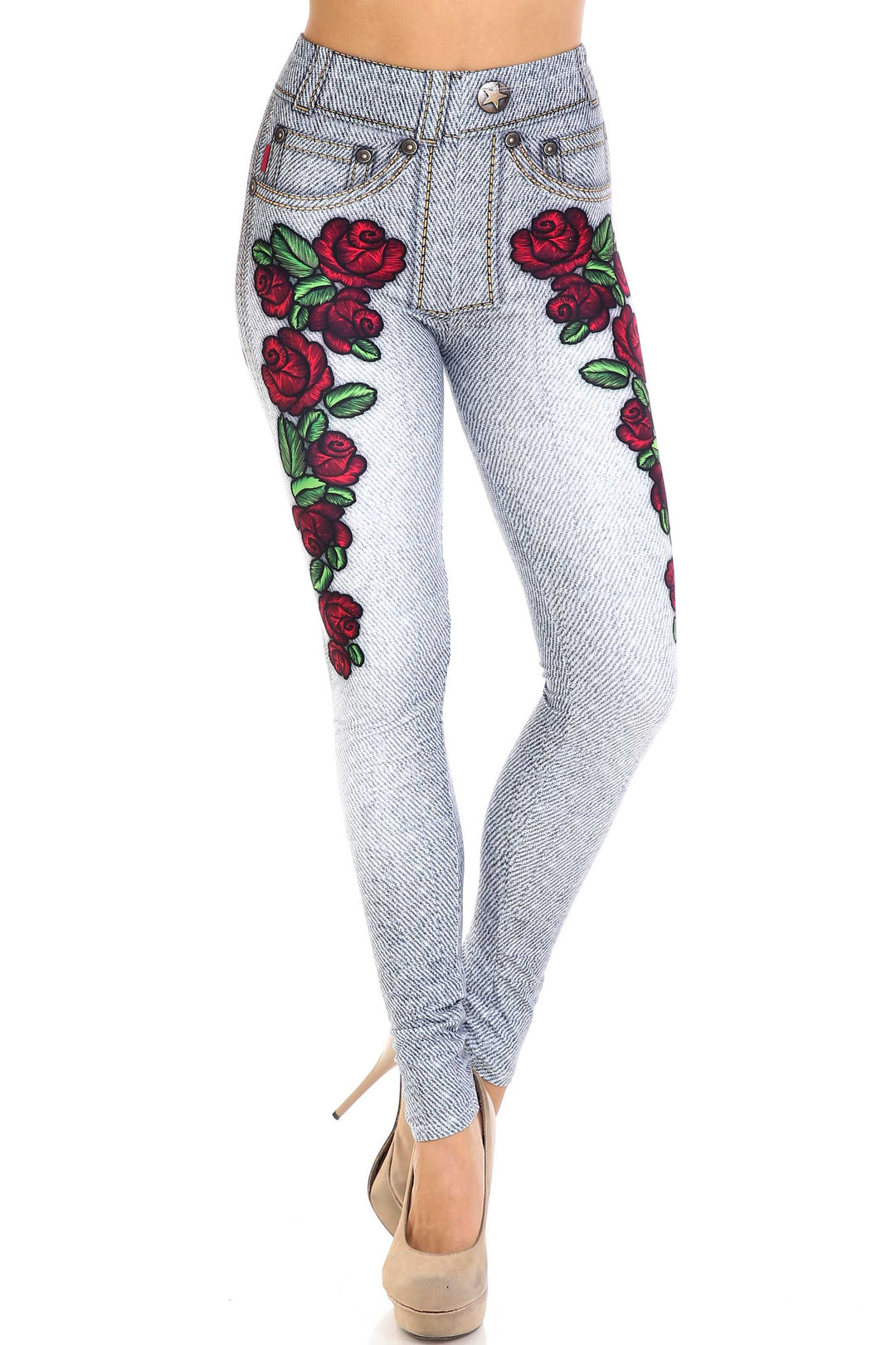 Creamy Soft Light Blue Denim Rose Extra Plus Size Leggings - 3X-5X - By USA Fashion
