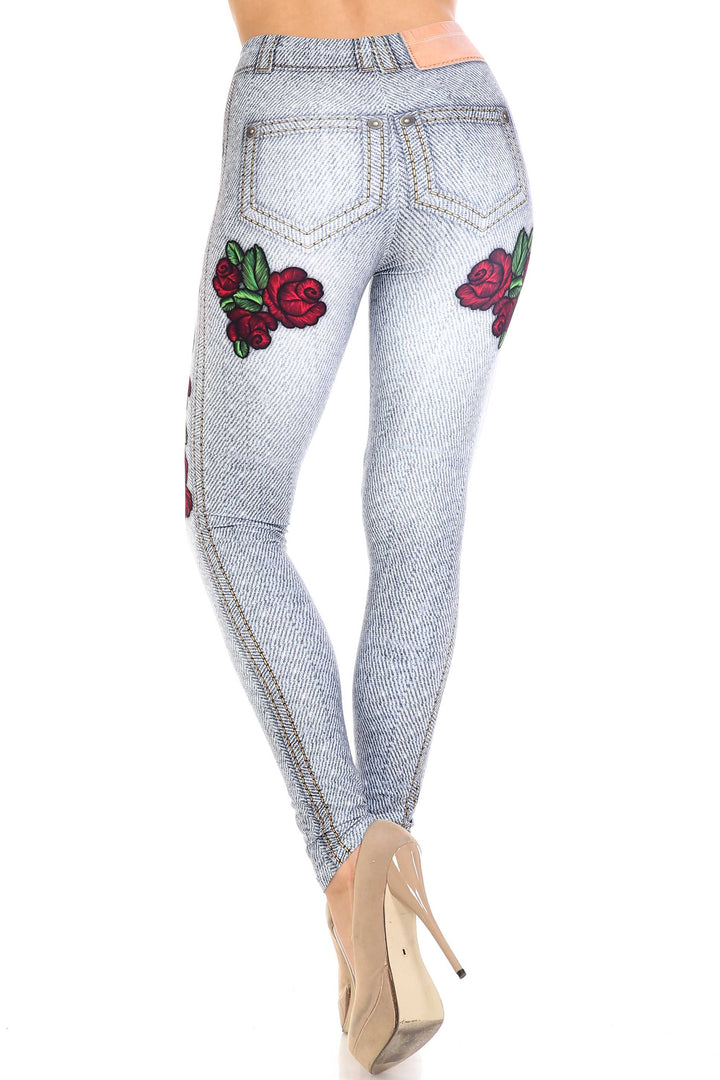Creamy Soft Light Blue Denim Rose Extra Plus Size Leggings - 3X-5X - By USA Fashion