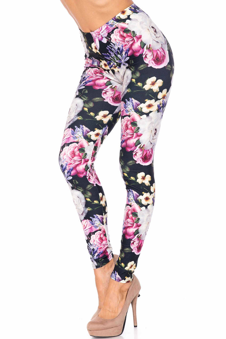 Creamy Soft Floral Garden Bouquet Extra Plus Size Leggings - 3X-5X - USA Fashion
