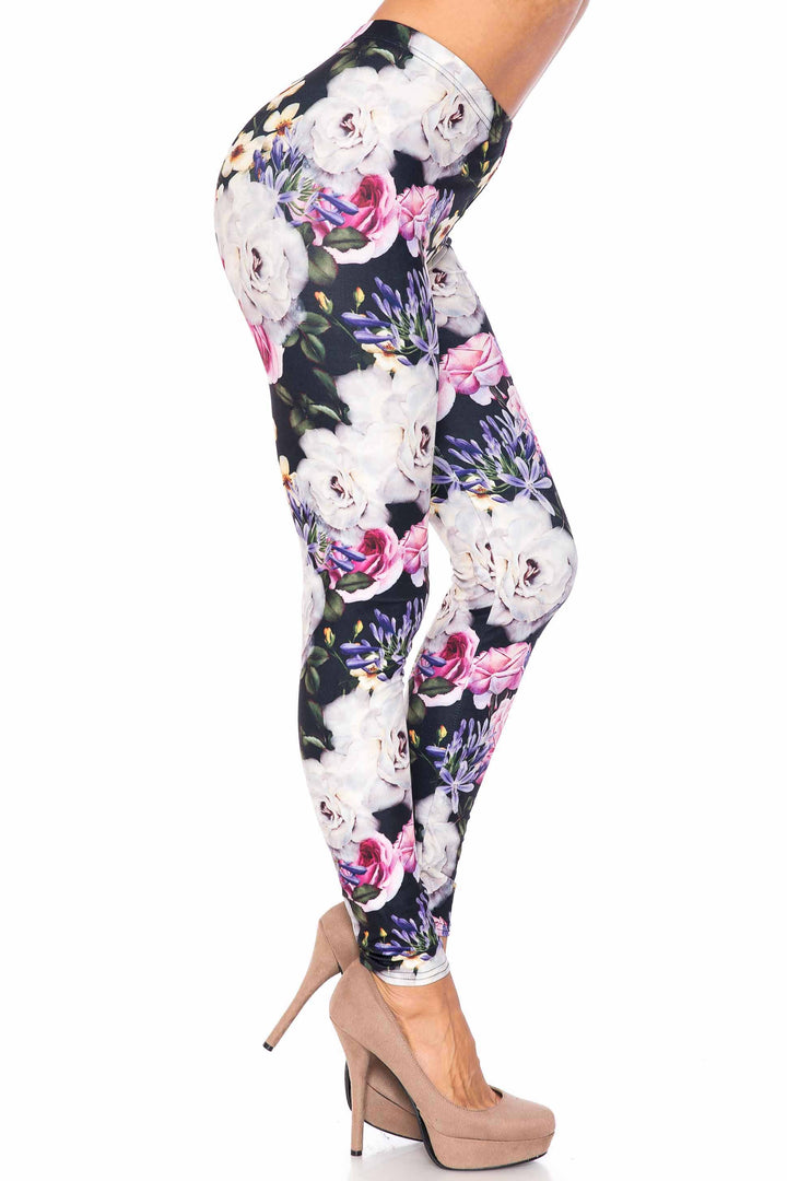 Creamy Soft Floral Garden Bouquet Extra Plus Size Leggings - 3X-5X - USA Fashion