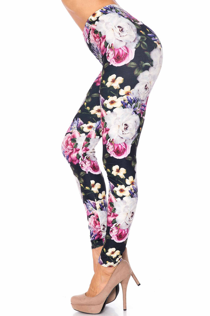 Creamy Soft Floral Garden Bouquet Extra Plus Size Leggings - 3X-5X - USA Fashion