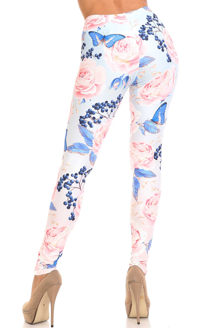 Creamy Soft Butterflies and Jumbo Pink Roses Extra Plus Size Leggings - 3X-5X - USA Fashion