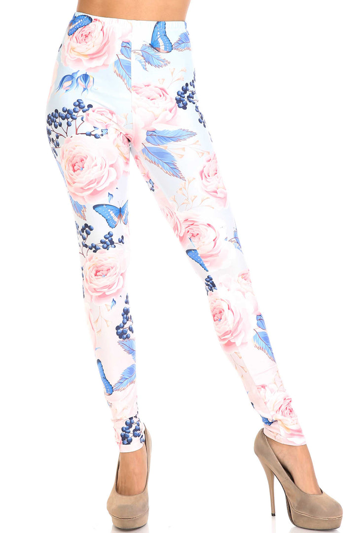Creamy Soft Butterflies and Jumbo Pink Roses Extra Plus Size Leggings - 3X-5X - USA Fashion