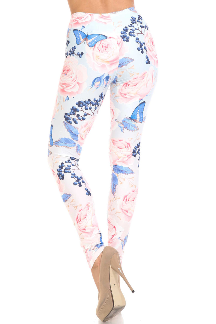 Creamy Soft Butterflies and Jumbo Pink Roses Extra Plus Size Leggings - 3X-5X - USA Fashion
