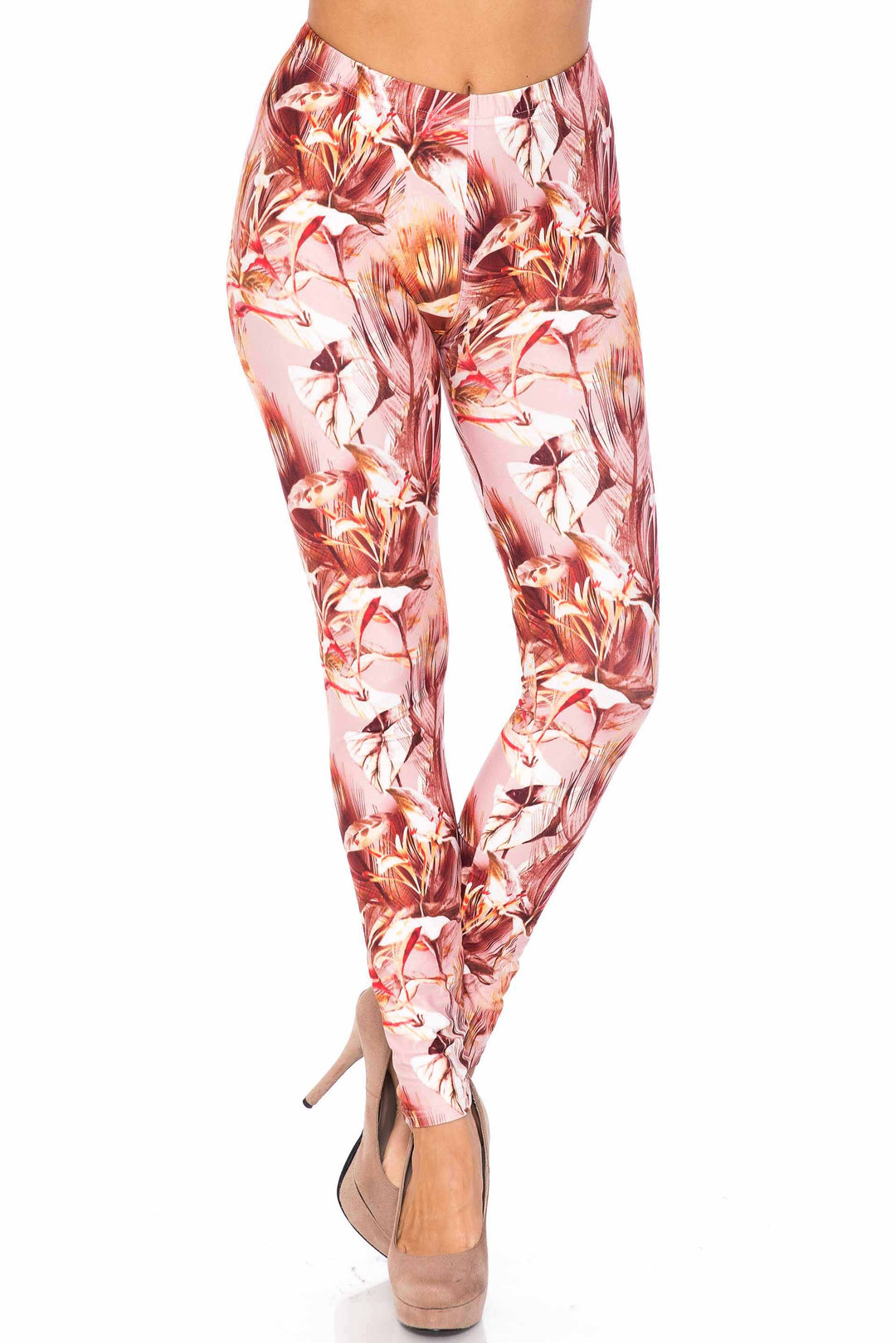 Creamy Soft Mocha Floral Extra Plus Size Leggings - 3X-5X - USA Fashion