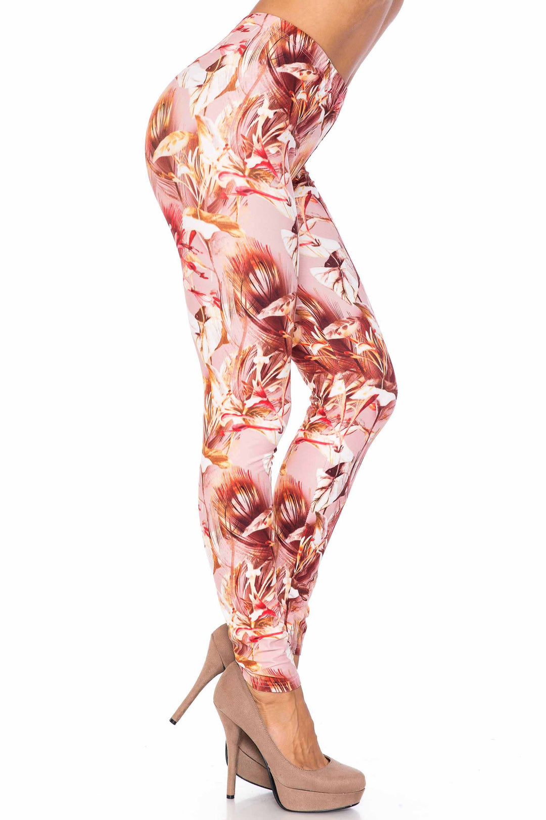 Creamy Soft Mocha Floral Extra Plus Size Leggings - 3X-5X - USA Fashion