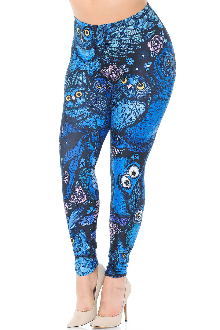 Creamy Soft Blue Owl Collage Extra Extra Plus Size Leggings - 3X-5X - USA Fashion