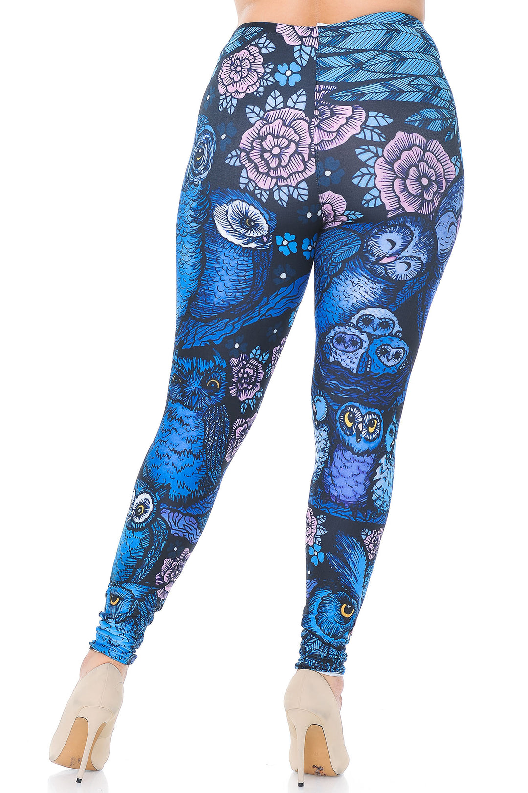 Creamy Soft Blue Owl Collage Extra Extra Plus Size Leggings - 3X-5X - USA Fashion