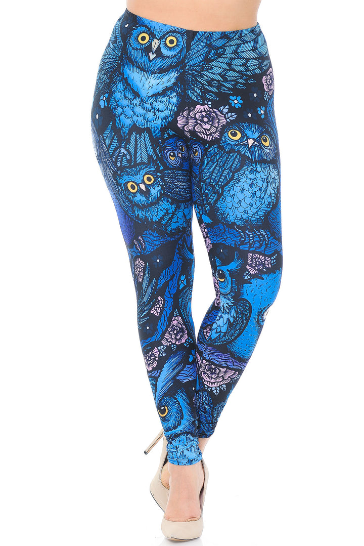 Creamy Soft Blue Owl Collage Extra Extra Plus Size Leggings - 3X-5X - USA Fashion