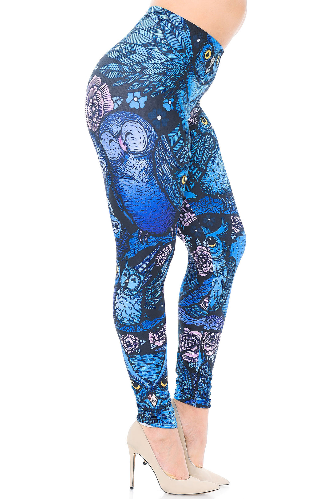 Creamy Soft Blue Owl Collage Extra Extra Plus Size Leggings - 3X-5X - USA Fashion