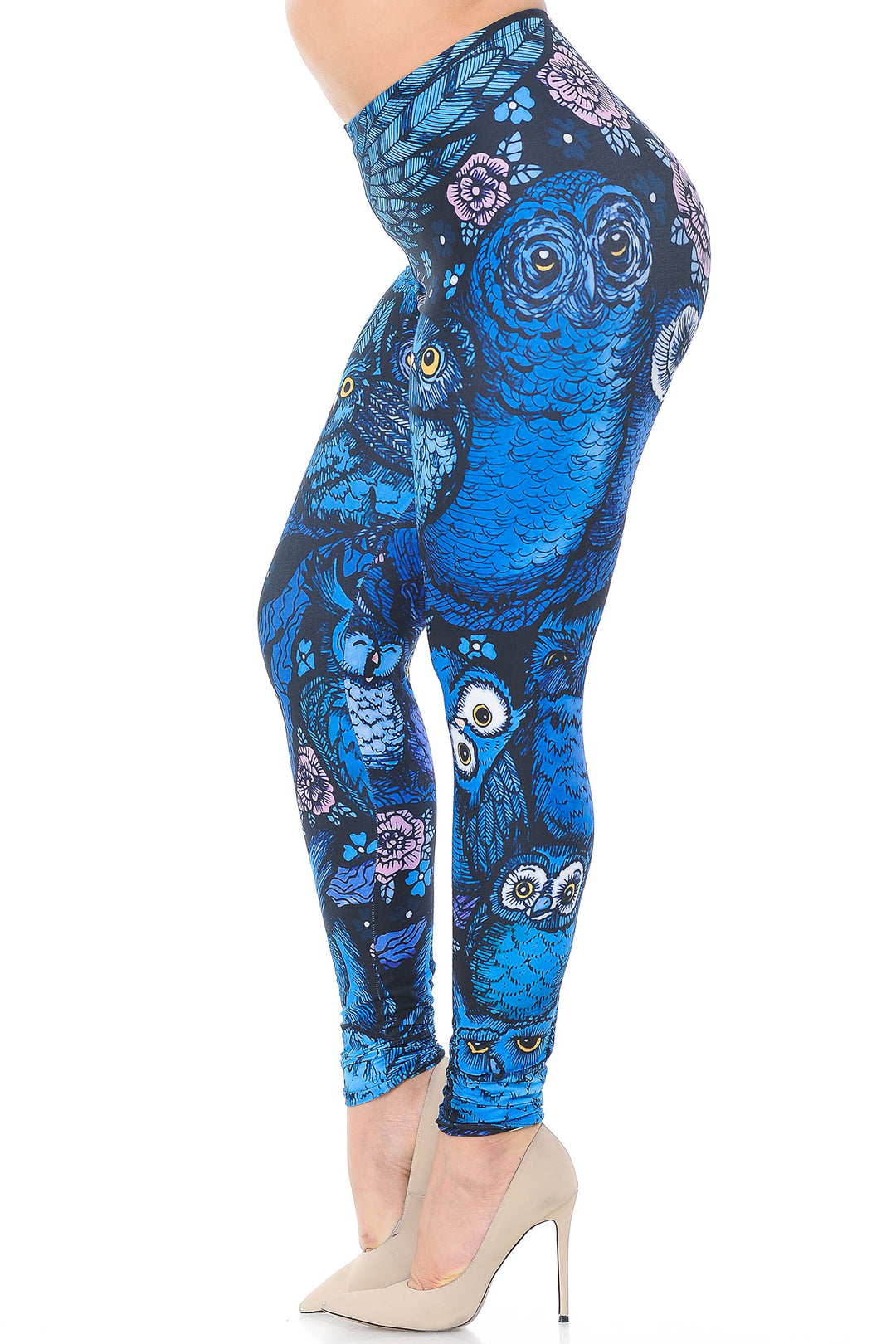Creamy Soft Blue Owl Collage Extra Extra Plus Size Leggings - 3X-5X - USA Fashion