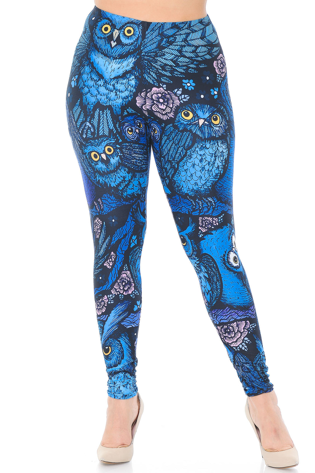Creamy Soft Blue Owl Collage Extra Extra Plus Size Leggings - 3X-5X - USA Fashion