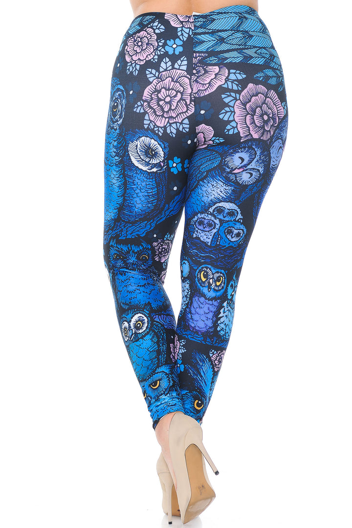 Creamy Soft Blue Owl Collage Extra Extra Plus Size Leggings - 3X-5X - USA Fashion