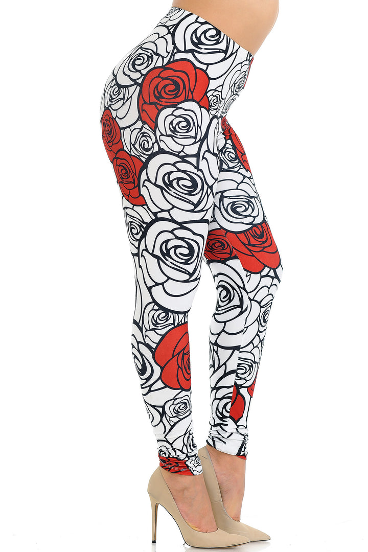 Creamy Soft Red Stencil Roses Extra Plus Size Leggings - 3X-5X - USA Fashion