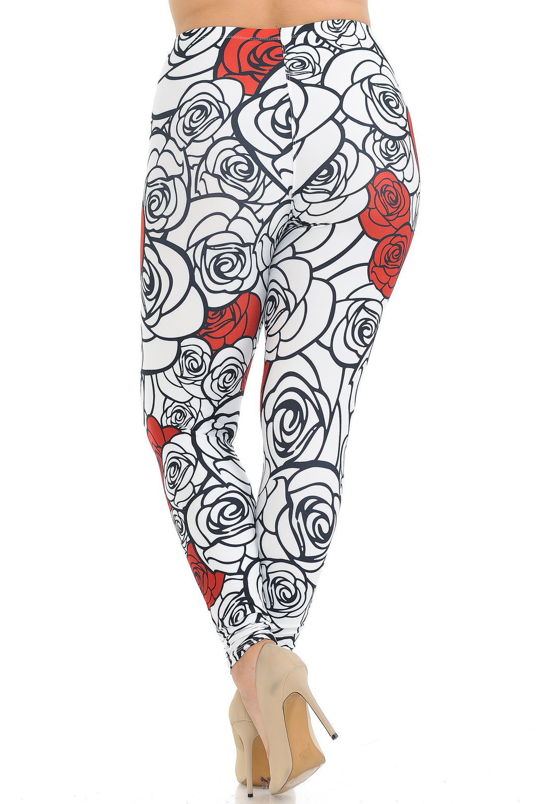 Creamy Soft Red Stencil Roses Extra Plus Size Leggings - 3X-5X - USA Fashion