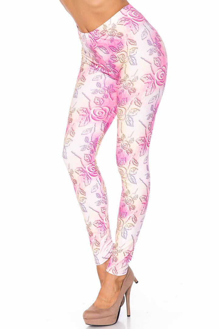 Creamy Soft 3D Pastel Ombre Rose Extra Plus Size Leggings - USA Fashion