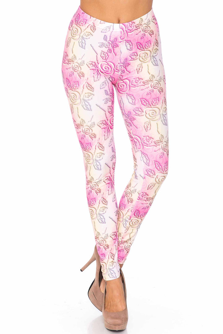 Creamy Soft 3D Pastel Ombre Rose Extra Plus Size Leggings - USA Fashion