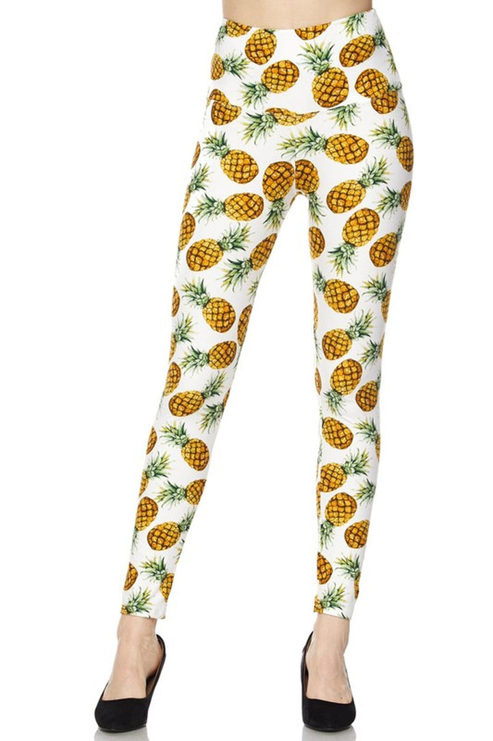 Buttery Smooth High Waisted Ivory Pineapple Plus Size Leggings
