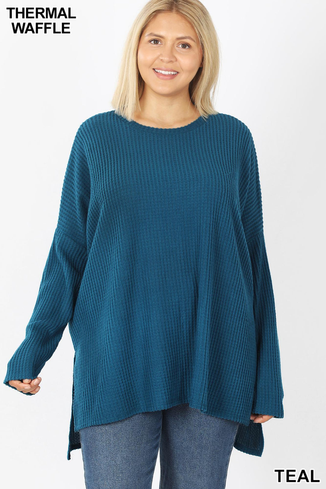Brushed Thermal Waffle Knit Round Neck Hi-Low Plus Size Sweater
