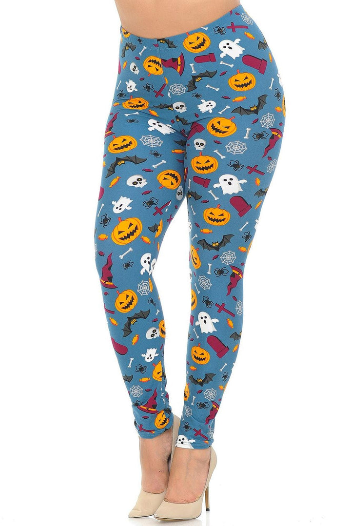 Buttery Smooth Steel Blue Halloween Motif Plus Size Leggings