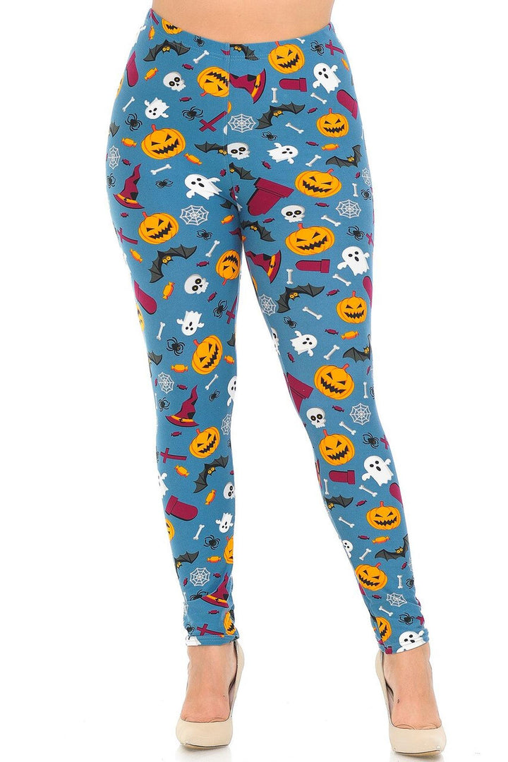 Buttery Smooth Steel Blue Halloween Motif Plus Size Leggings