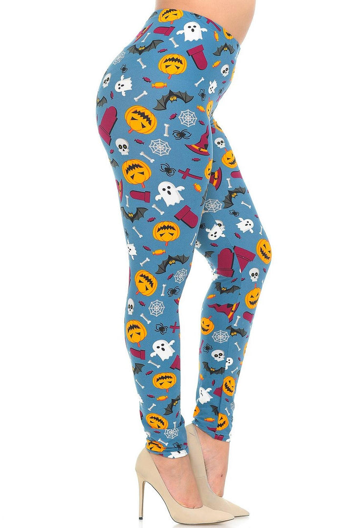 Buttery Smooth Steel Blue Halloween Motif Plus Size Leggings