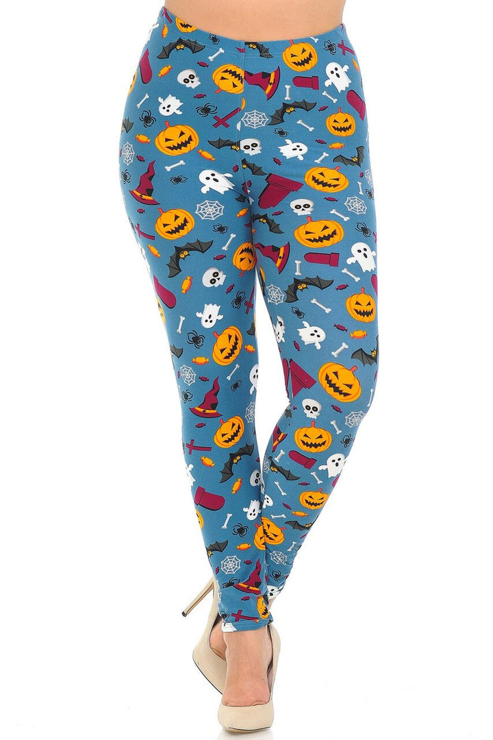 Buttery Smooth Steel Blue Halloween Motif Plus Size Leggings