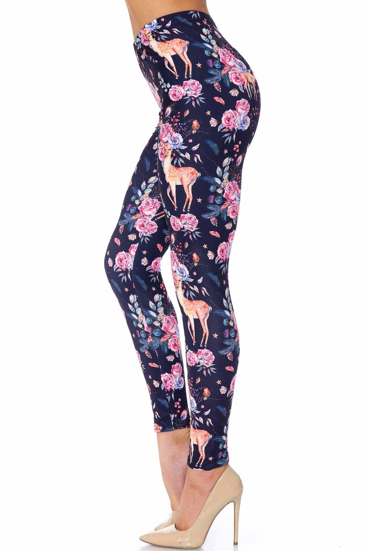 Creamy Soft Woodland Floral Fawn Plus Size Leggings - USA Fashion