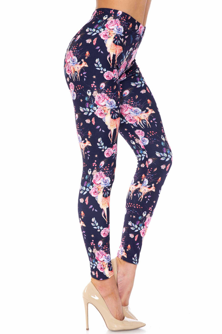 Creamy Soft Woodland Floral Fawn Plus Size Leggings - USA Fashion