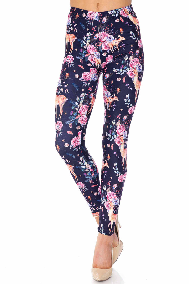 Creamy Soft Woodland Floral Fawn Plus Size Leggings - USA Fashion