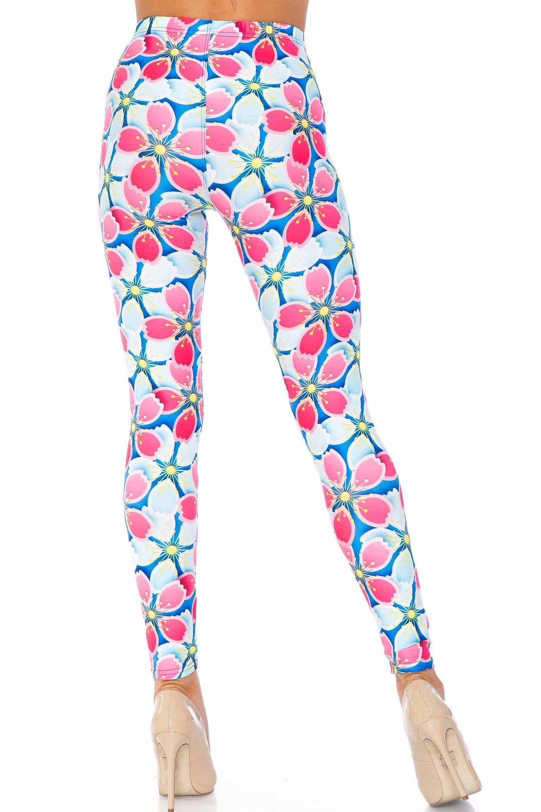 Creamy Soft Pink and Blue Sunshine Floral Plus Size Leggings - USA Fashion