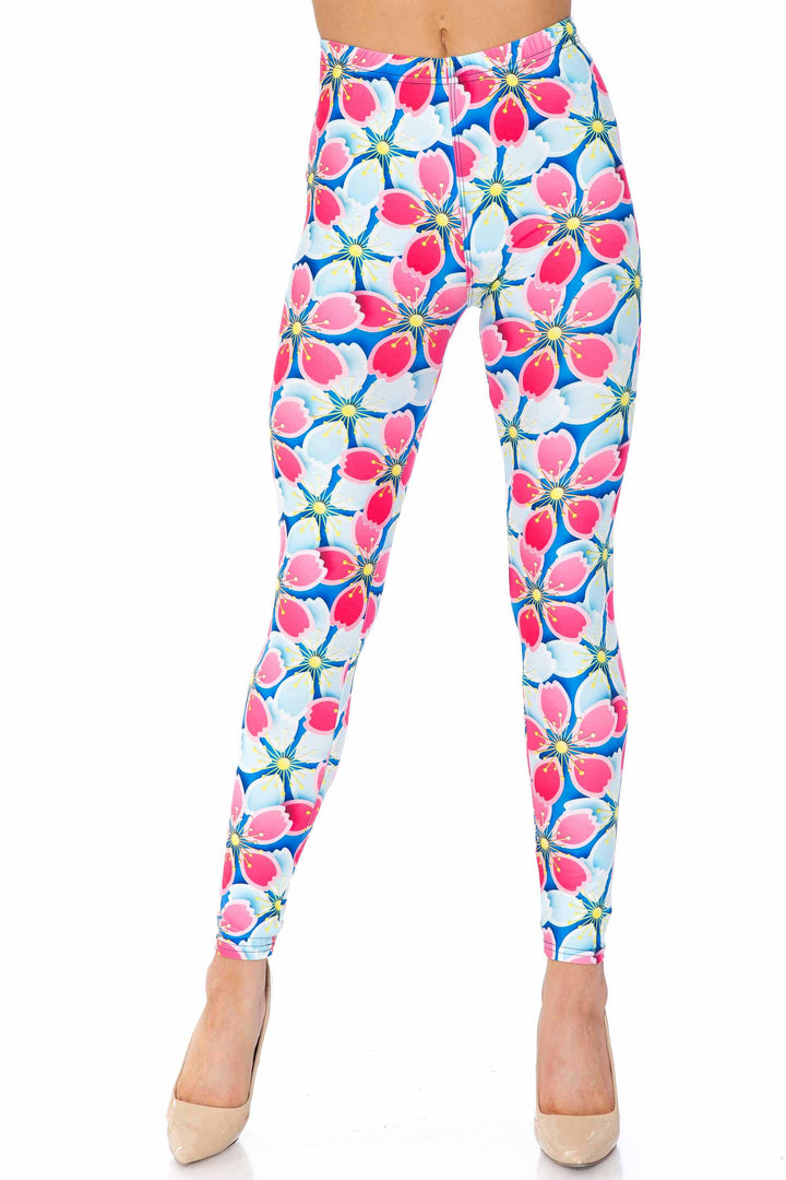 Creamy Soft Pink and Blue Sunshine Floral Plus Size Leggings - USA Fashion