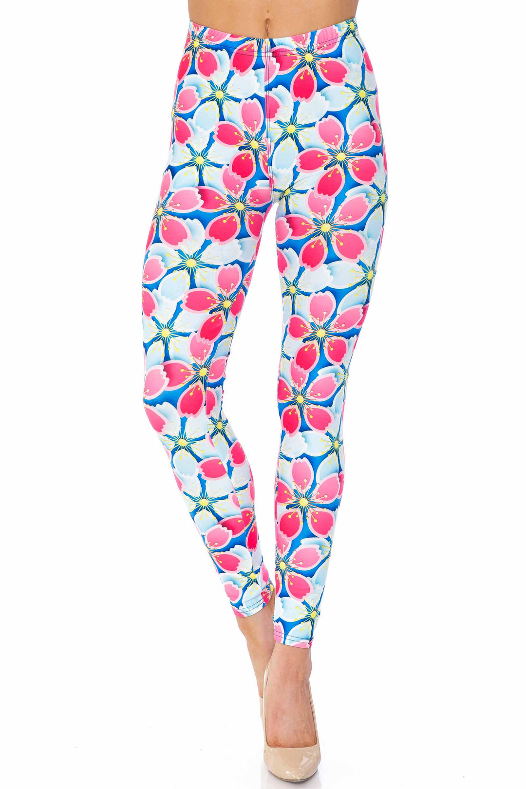 Creamy Soft Pink and Blue Sunshine Floral Plus Size Leggings - USA Fashion