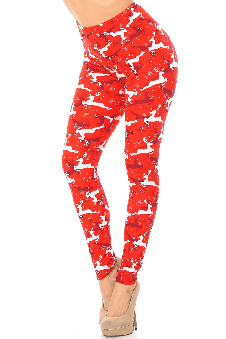Buttery Soft Ruby Red Leaping Reindeer Christmas Plus Size Leggings