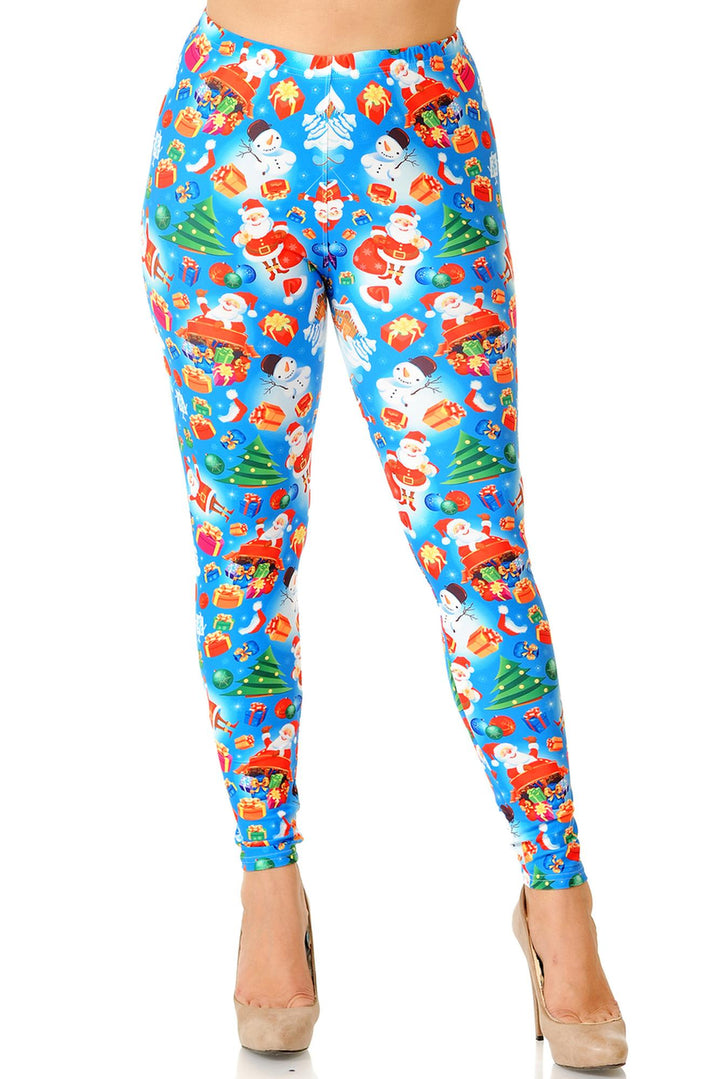 Creamy Soft Festive Blue Christmas Plus Size Leggings