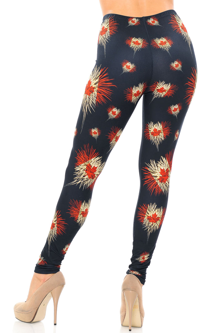 Creamy Soft Canadian Flag Fireworks Plus Size Leggings - USA Fashion