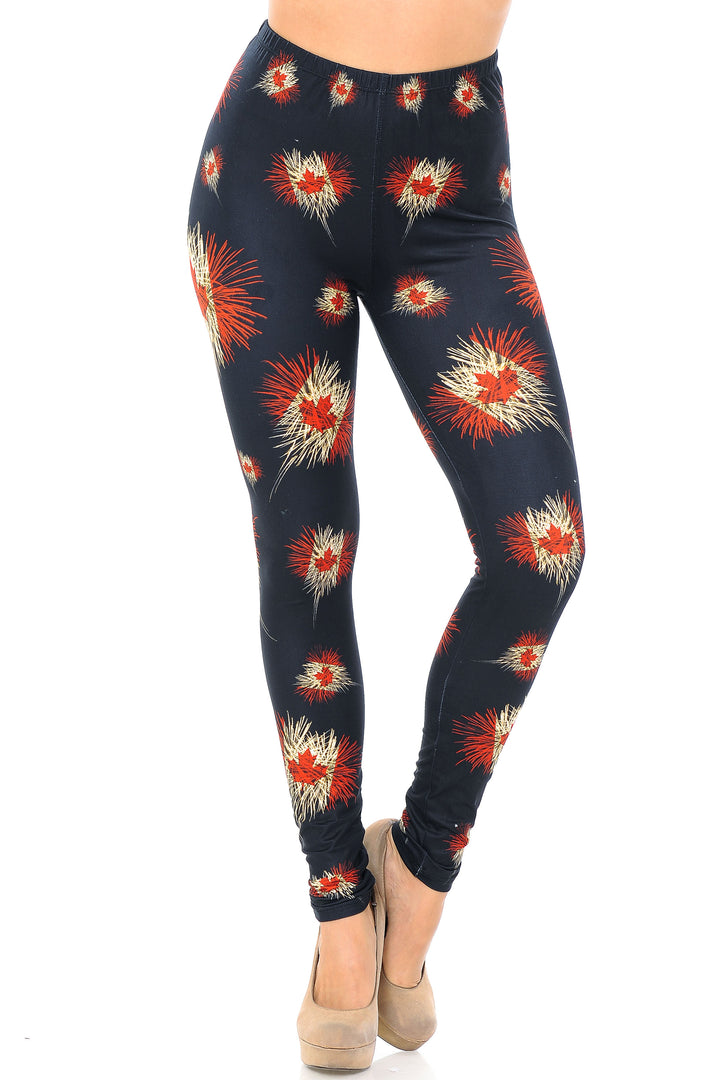 Creamy Soft Canadian Flag Fireworks Plus Size Leggings - USA Fashion